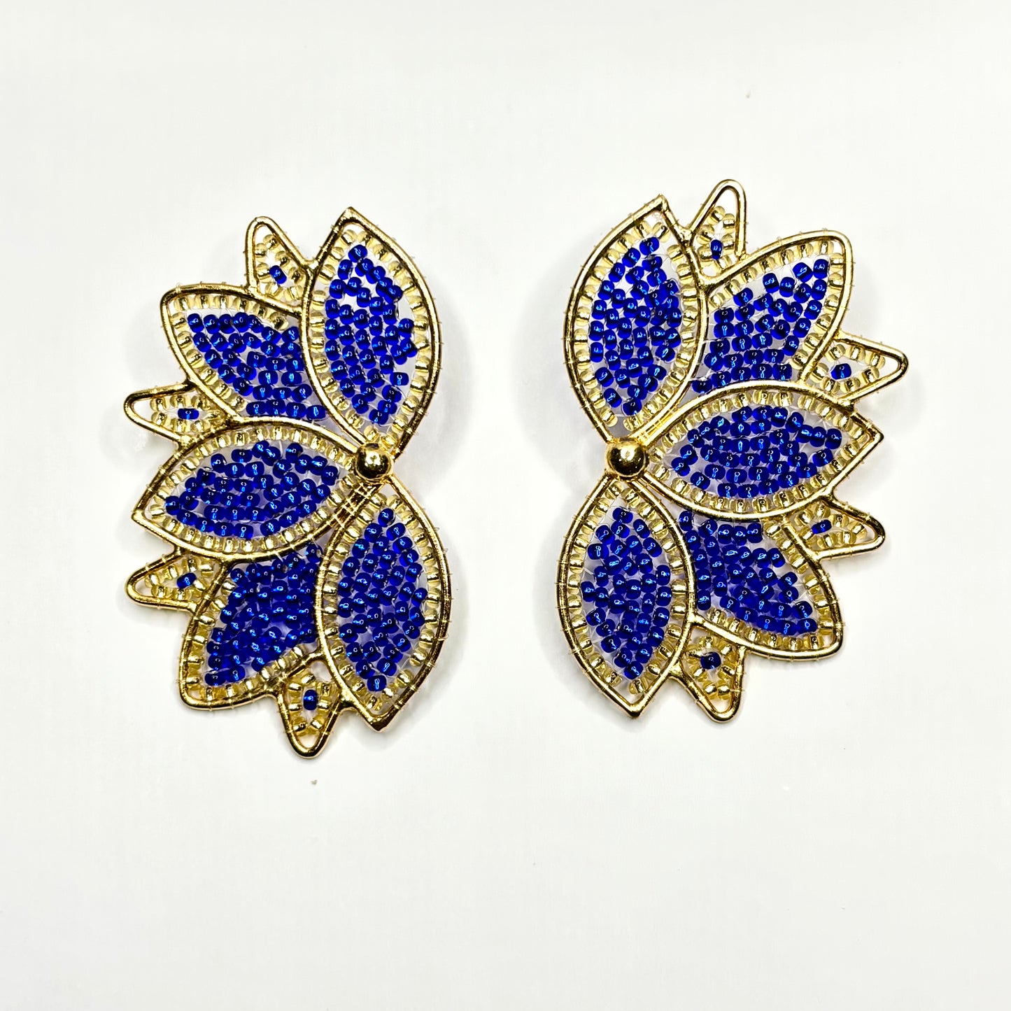Pair of earrings with blue bead detailing on a white background