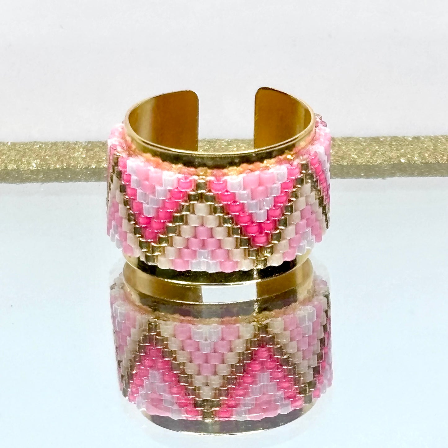 Gold, pink and white beaded ring made on Bronze, Gold plated