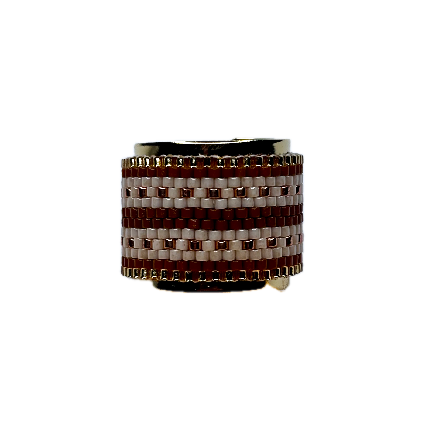 Ring with brown and white woven pattern on a white background