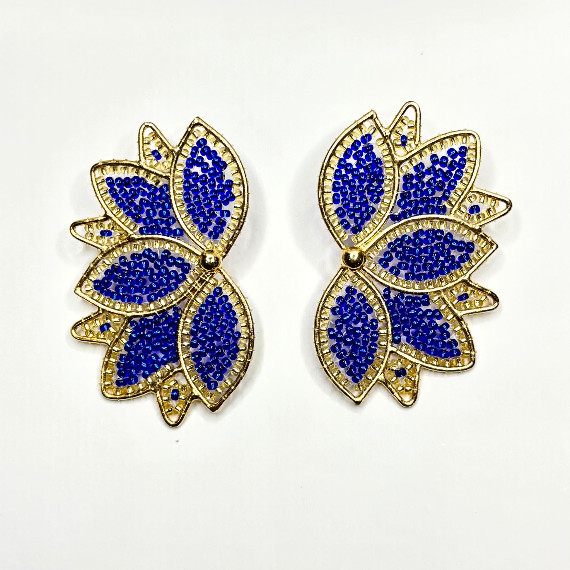 Pair of earrings with blue bead detailing on a white background
