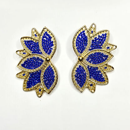 Pair of earrings with blue bead detailing on a white background