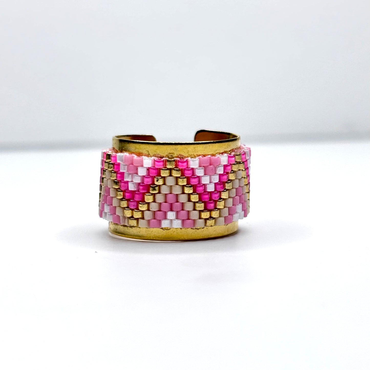 Gold, pink and white beaded ring  made on Bronze, Gold plated