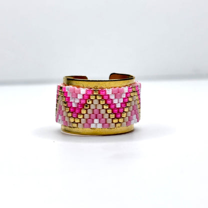 Gold, pink and white beaded ring  made on Bronze, Gold plated