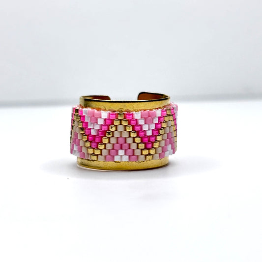 Gold, pink and white beaded ring  made on Bronze, Gold plated