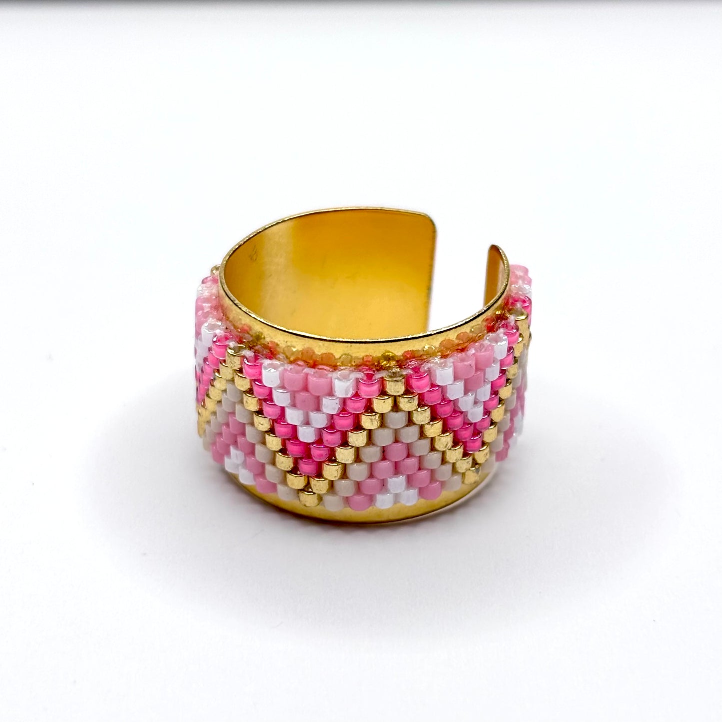 Gold, pink and white beaded ring  made on Bronze, Gold plated