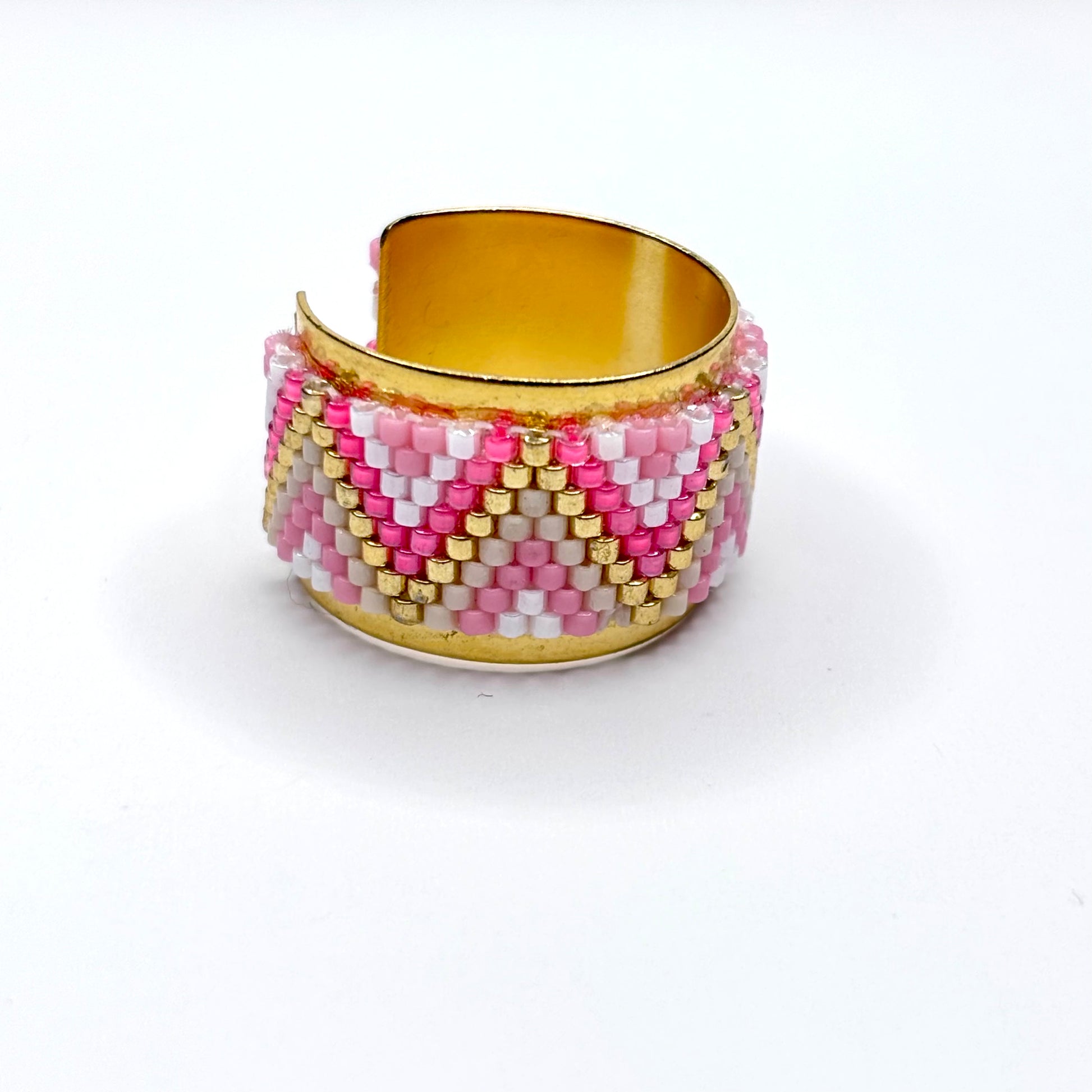 Gold, pink and white beaded ring  made on Bronze, Gold plated
