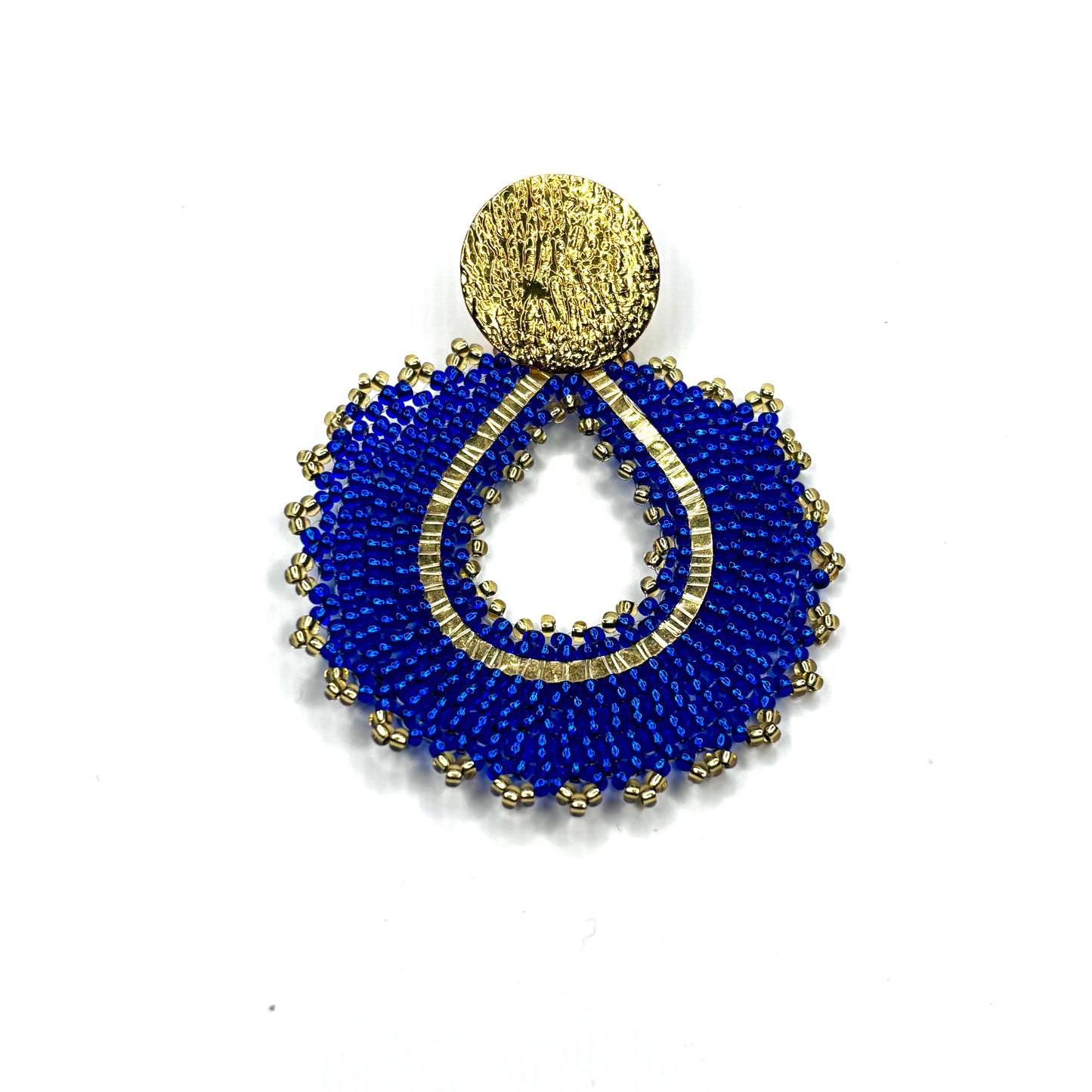 Blue beaded earring with gold accents on a white background