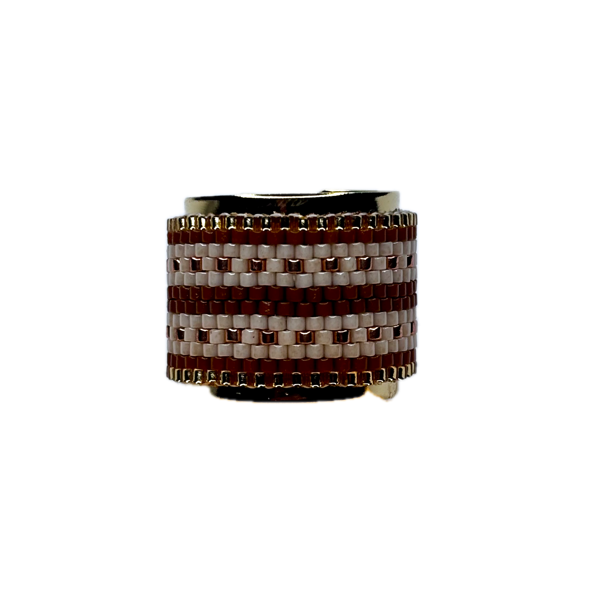 Ring with brown and white woven pattern on a white background