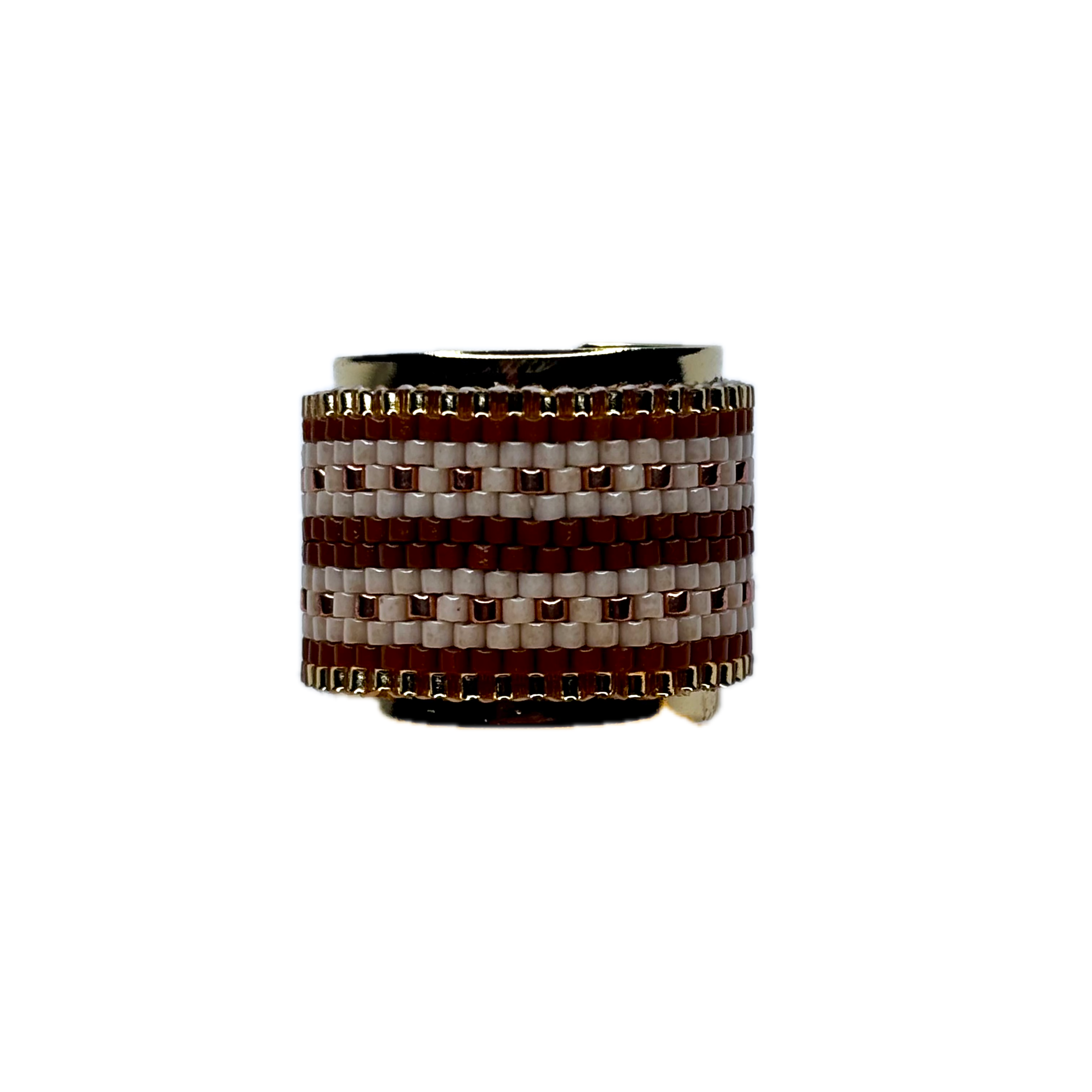 Ring with brown and white woven pattern on a white background