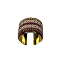 Wide gold ring with a textured band on a white background