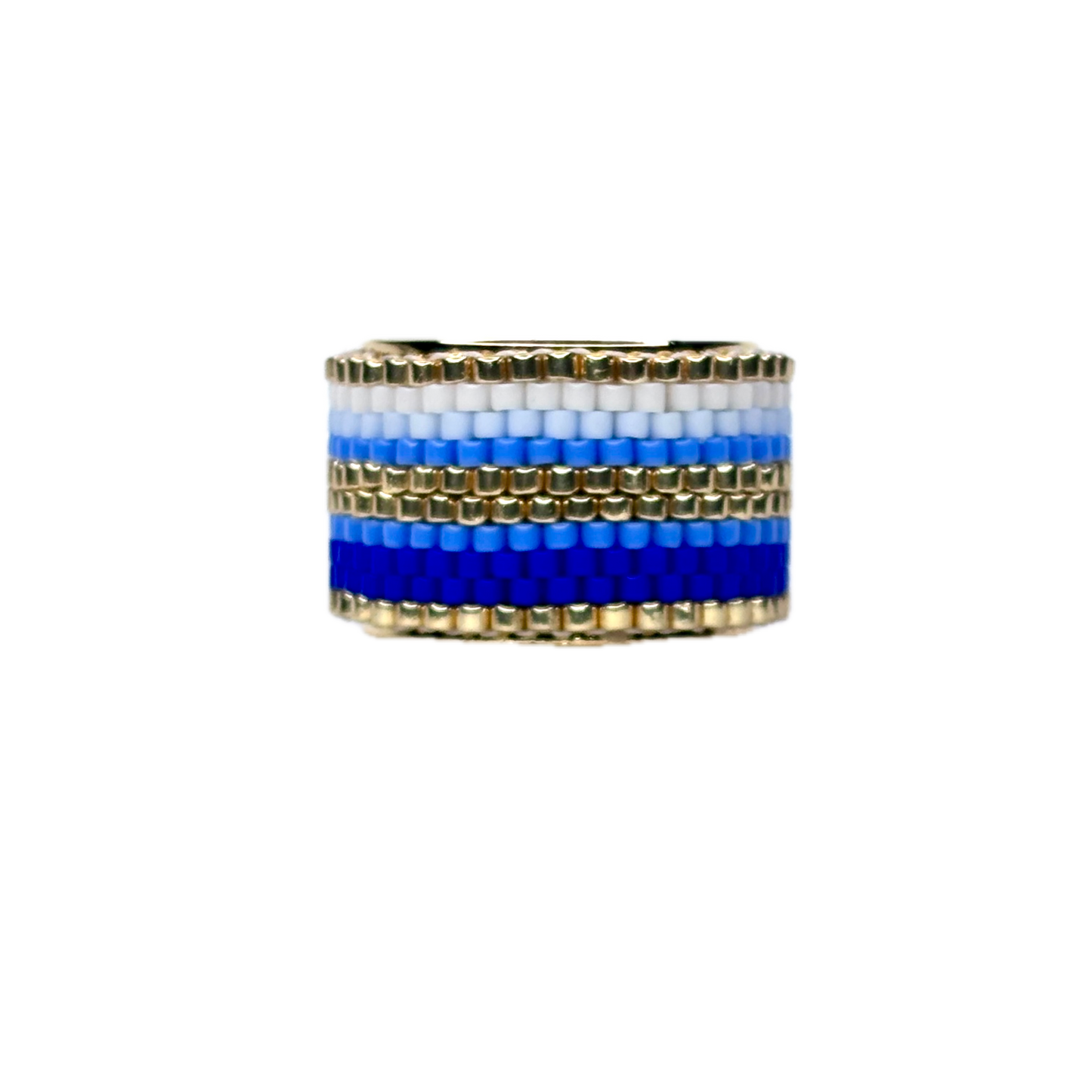 Beaded ring with blue and white stripes on a white background