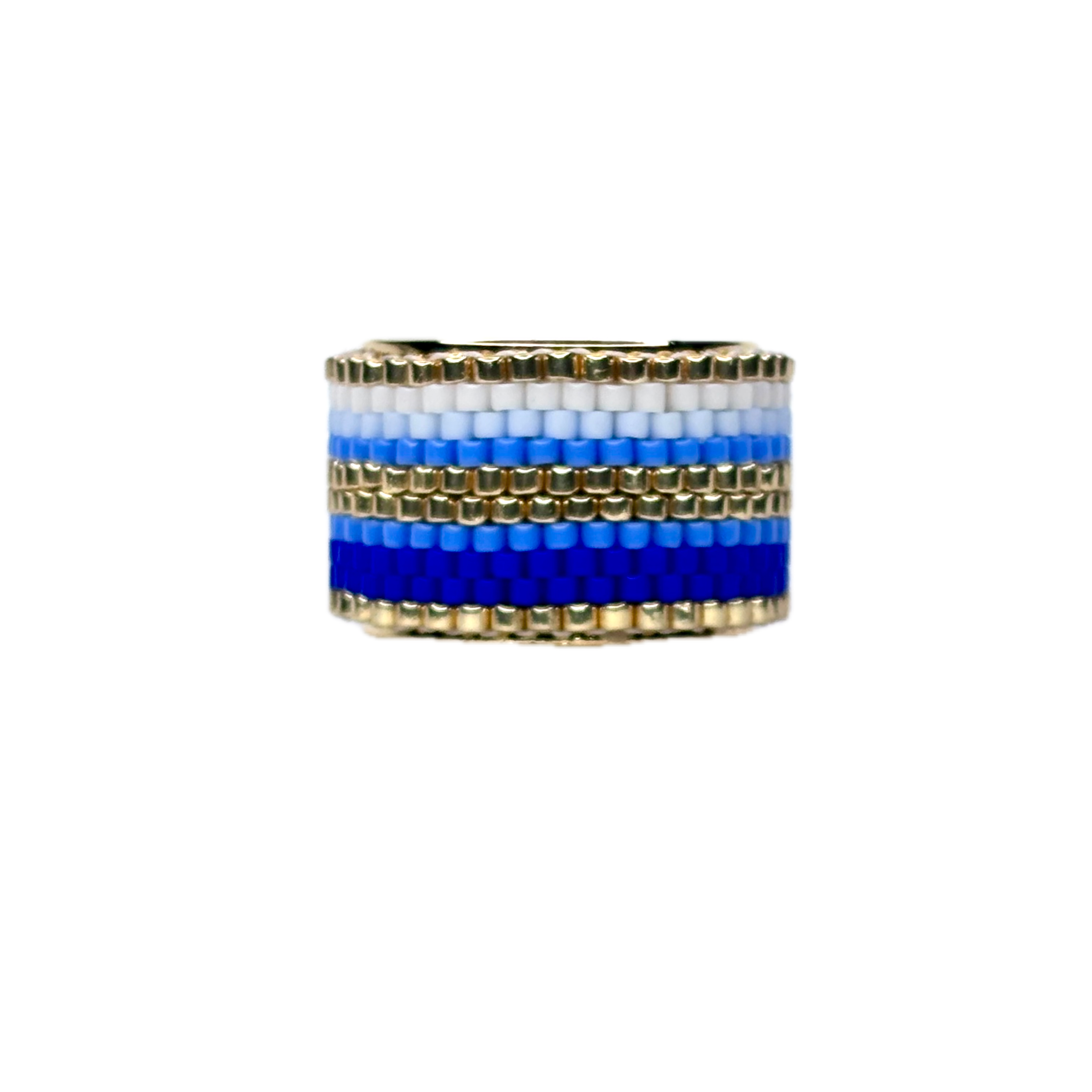 Beaded ring with blue and white stripes on a white background