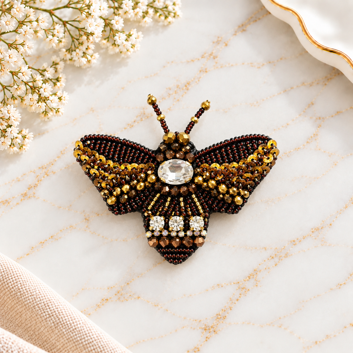 Handmade Bee Brooch – Embroidered Floral Jewelry