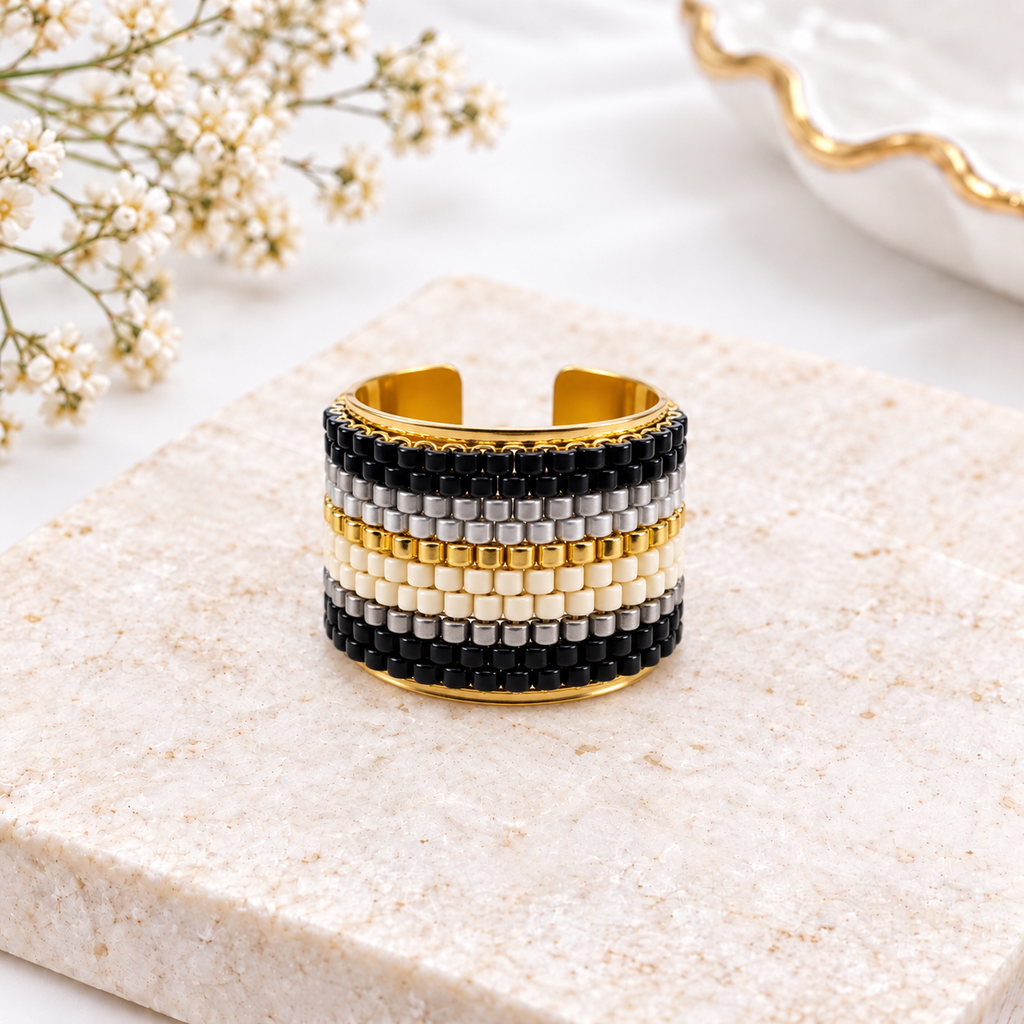 Chiamaka Adjustable Ring | Green Miyuki Beaded Statement Ring | Bellalu Jewelry