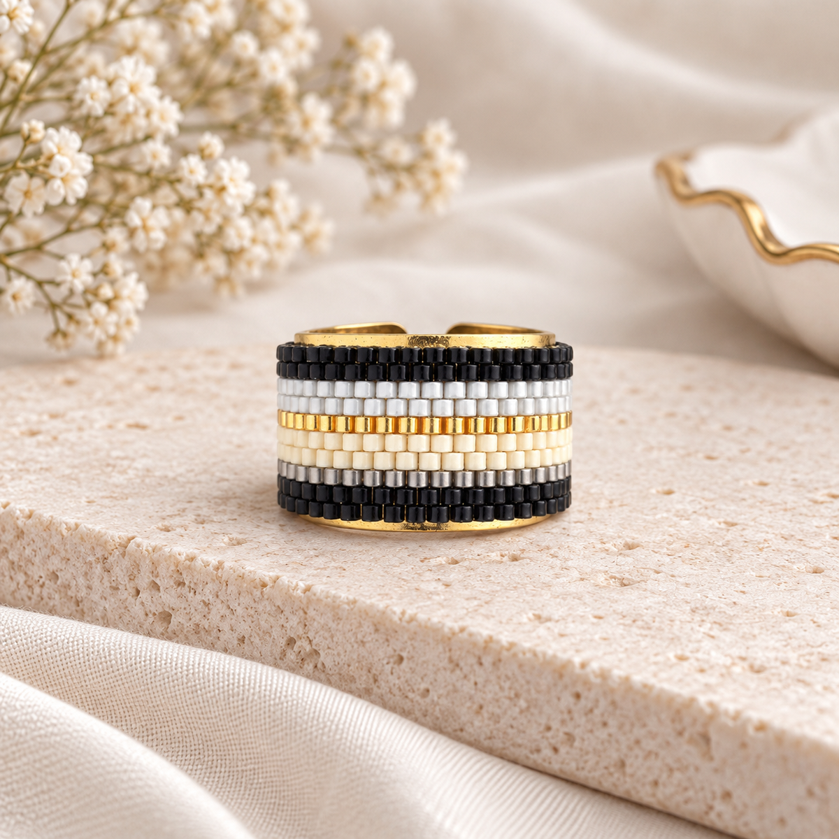 Rhimahn Adjustable Gold-Plated Bronze Miyuki Bead Ring/Bellalu