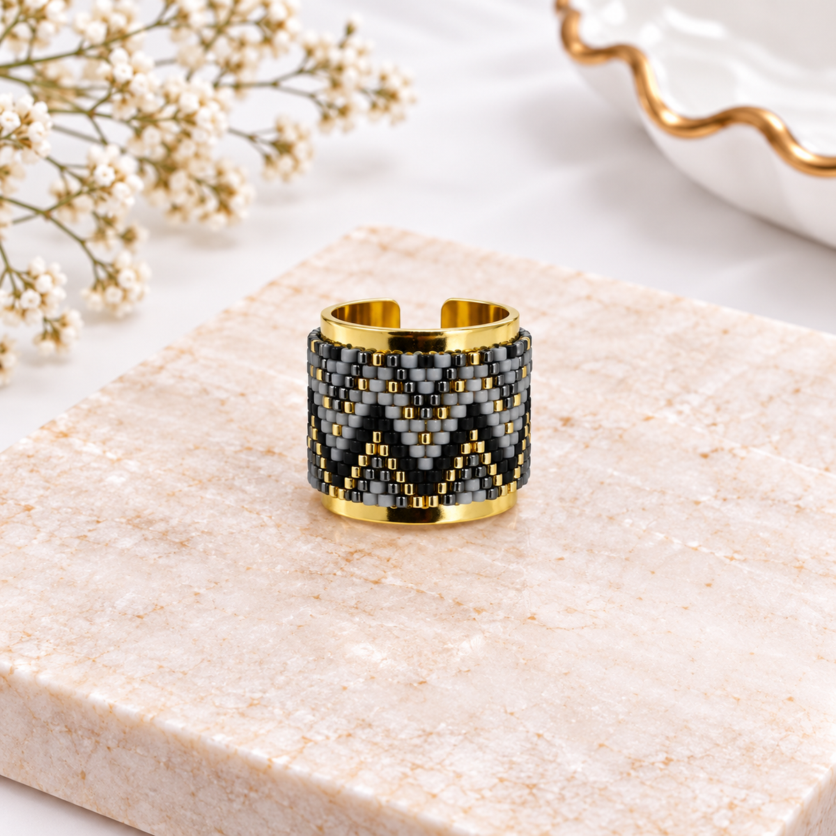 Jahmir Adjustable Bronze & Gold-Plated Miyuki Bead Ring|Bellalu