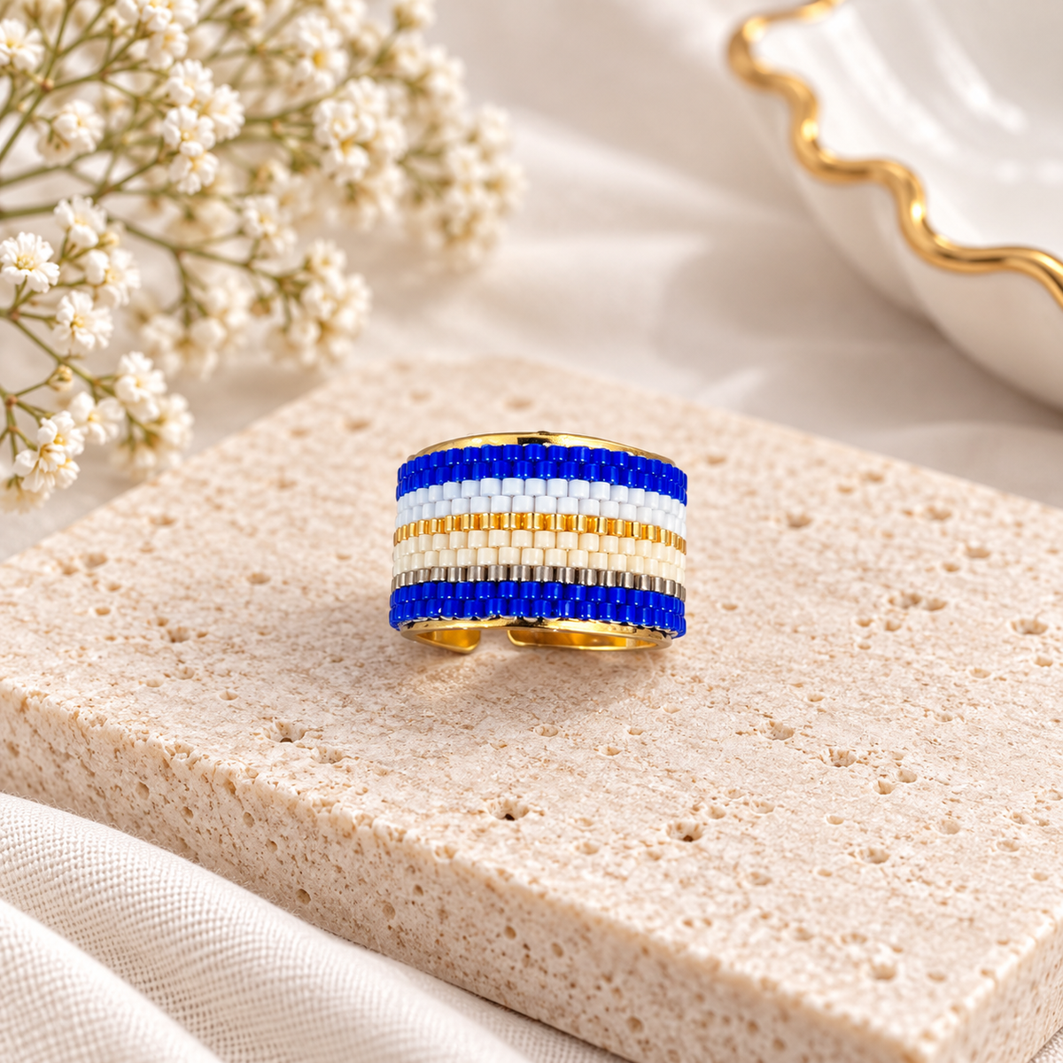 Rhimahn Adjustable Gold-Plated Bronze Miyuki Bead Ring/Bellalu