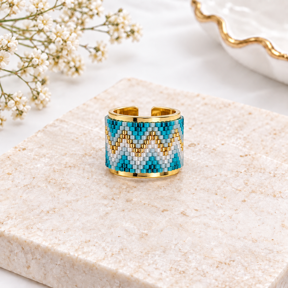 Rhimah Adjustable Bronze & Gold-Plated Miyuki Bead Ring
