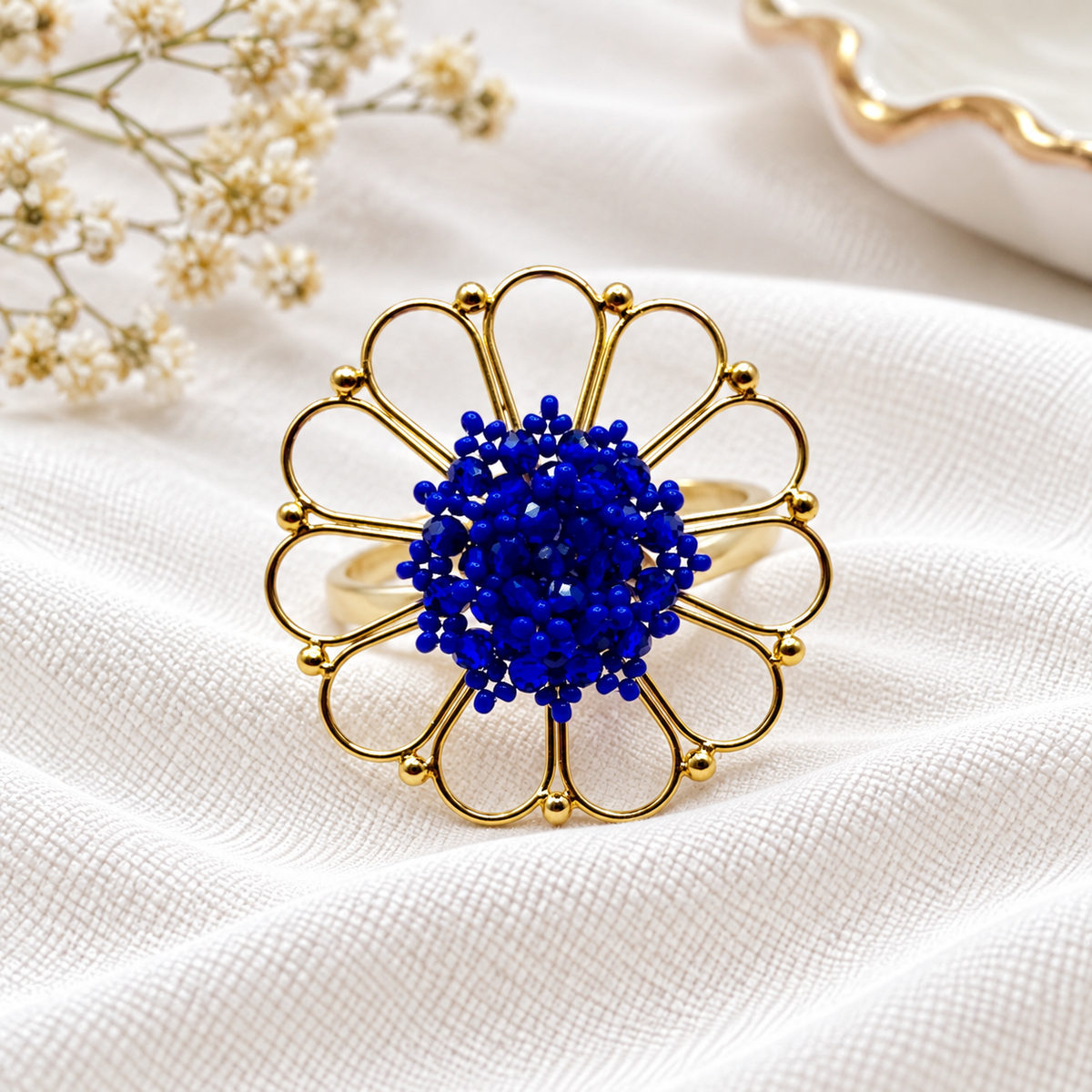Azucena Adjustable Ring | Handmade Blue Beaded Flower Ring | Bellalu Jewelry