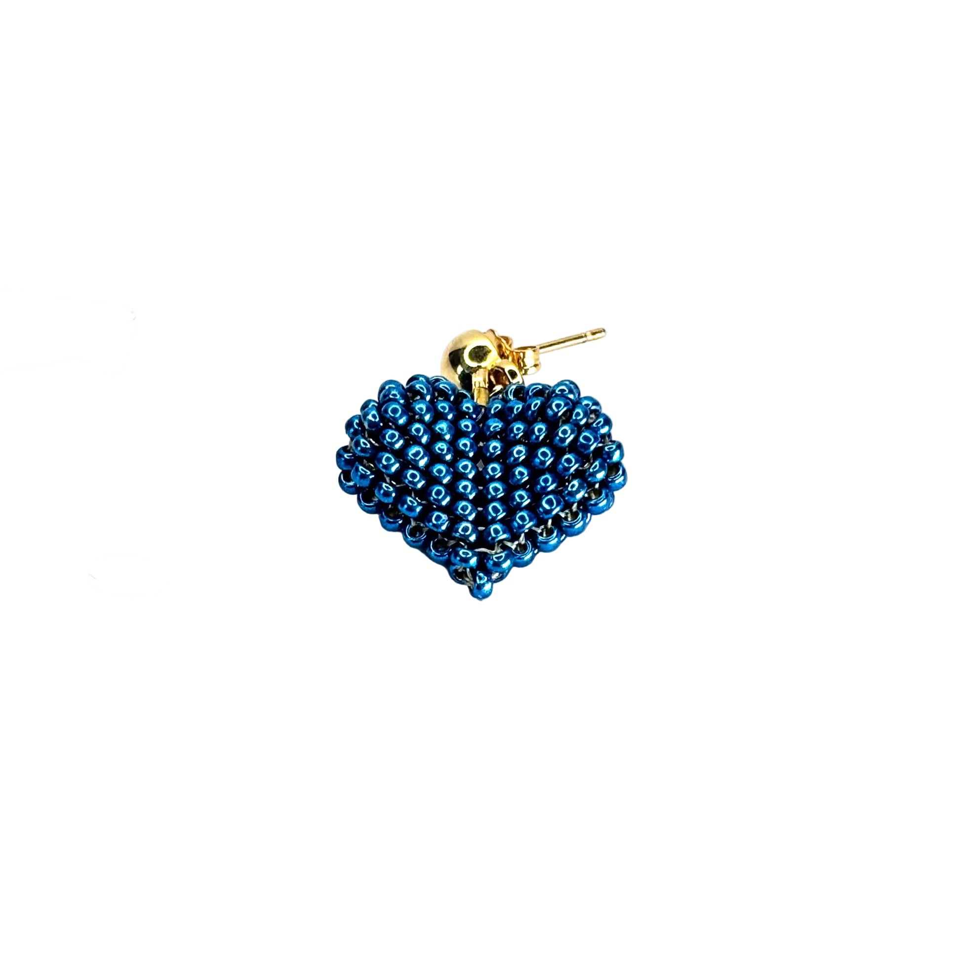 Blue beaded heart-shaped earring on a white background