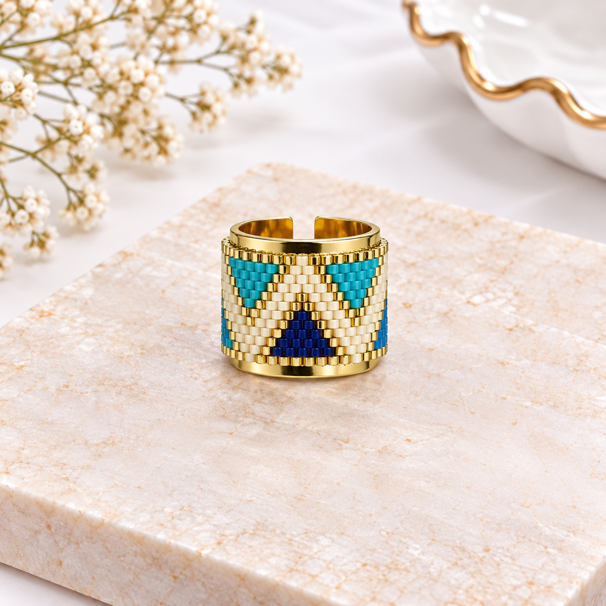 Jareth Adjustable Bronze & Gold-Plated Miyuki Bead Ring