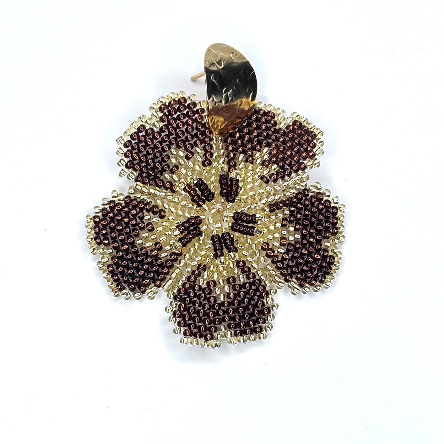Beaded flower-shaped earring brown on a white background