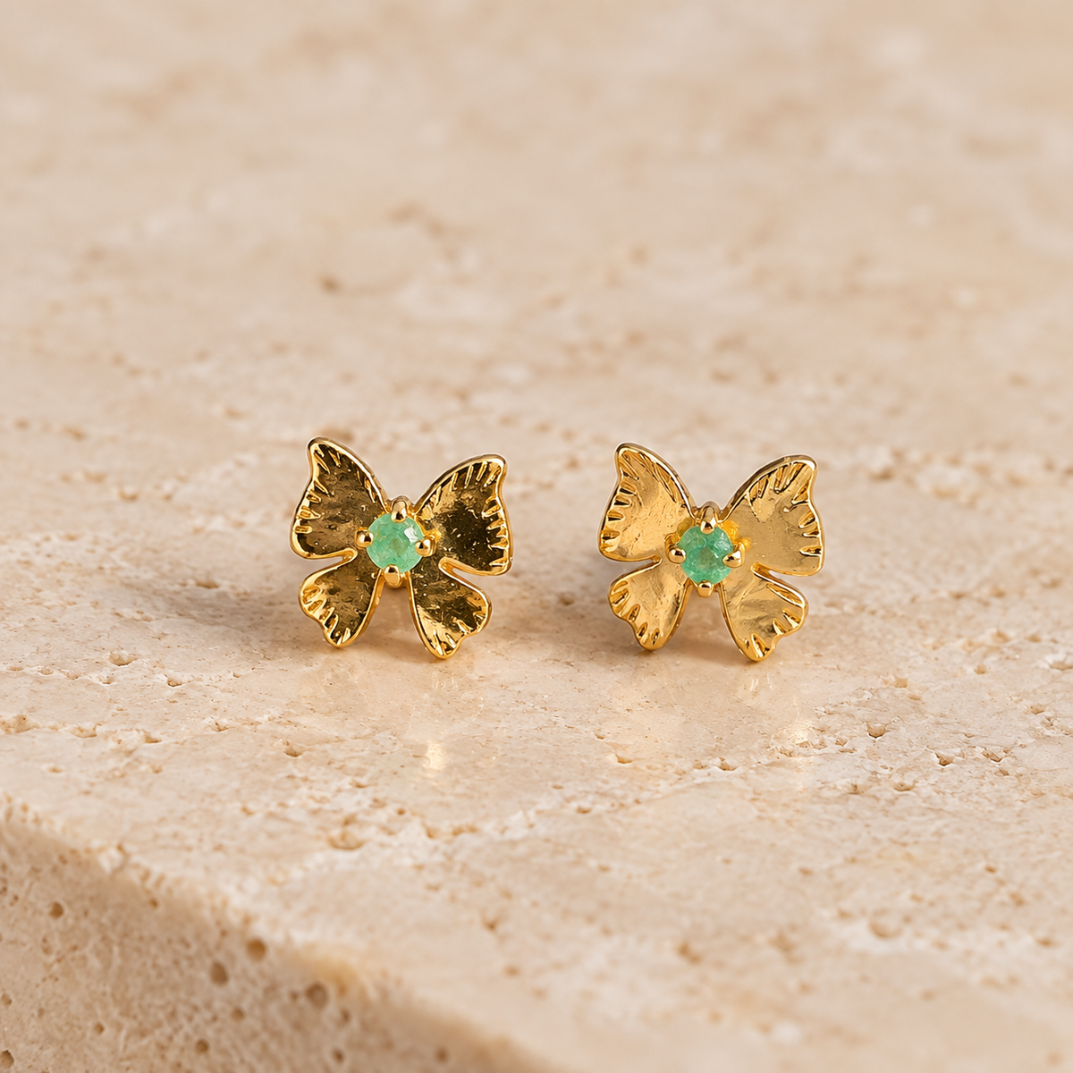 Raw Emerald Butterfly Stud Earrings | Gold-Plated Bronze | Bellalu