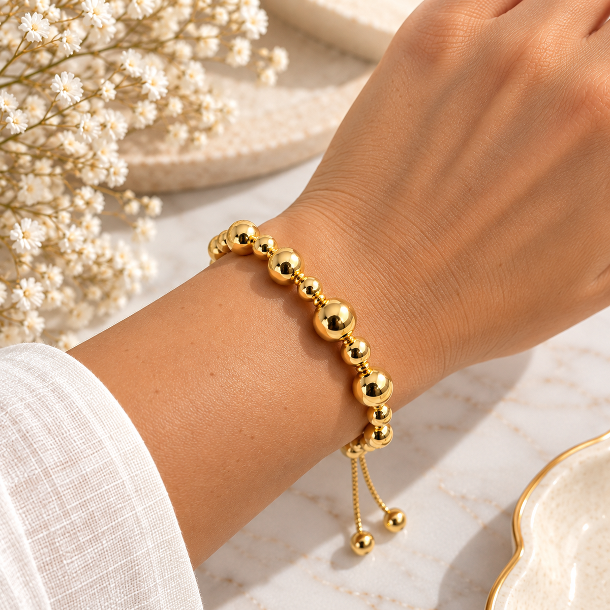 Gold Bead Bracelet | Handmade Bronze & Gold-Plated Adjustable Bracelet