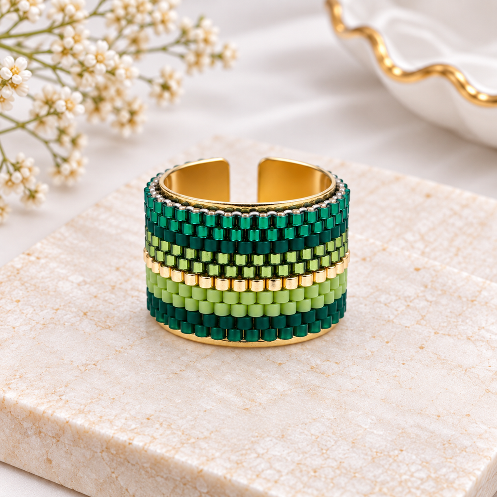 Chiamaka Adjustable Ring | Green Miyuki Beaded Statement Ring | Bellalu Jewelry