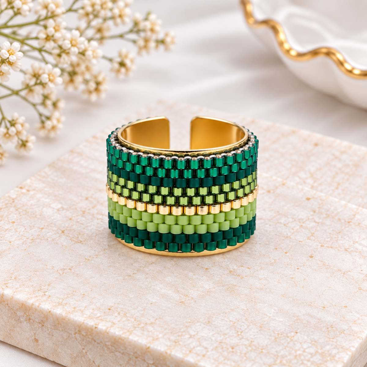 Chiamaka Adjustable Ring | Green Miyuki Beaded Statement Ring | Bellalu Jewelry