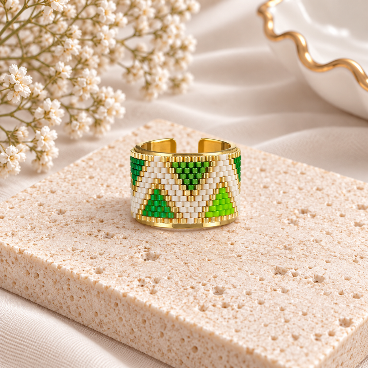 Maliah Adjustable Gold-Plated Bronze Miyuki Bead Ring|Bellalu