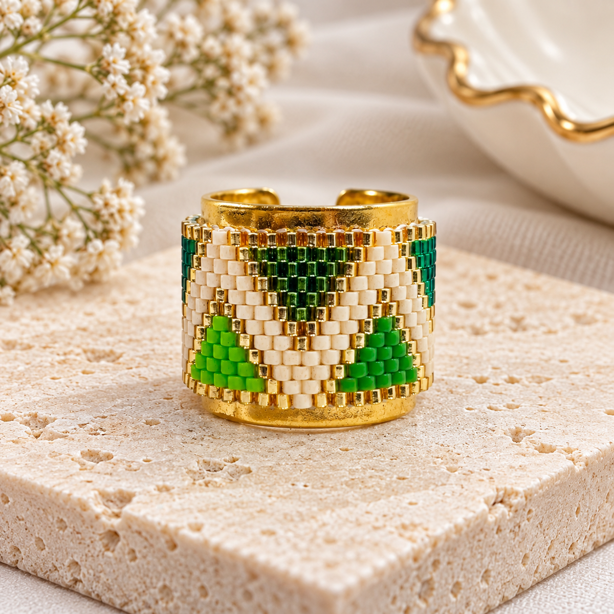 Bette Adjustable Ring | Handmade Green & Gold Miyuki Beaded Ring | Bellalu Jewelry
