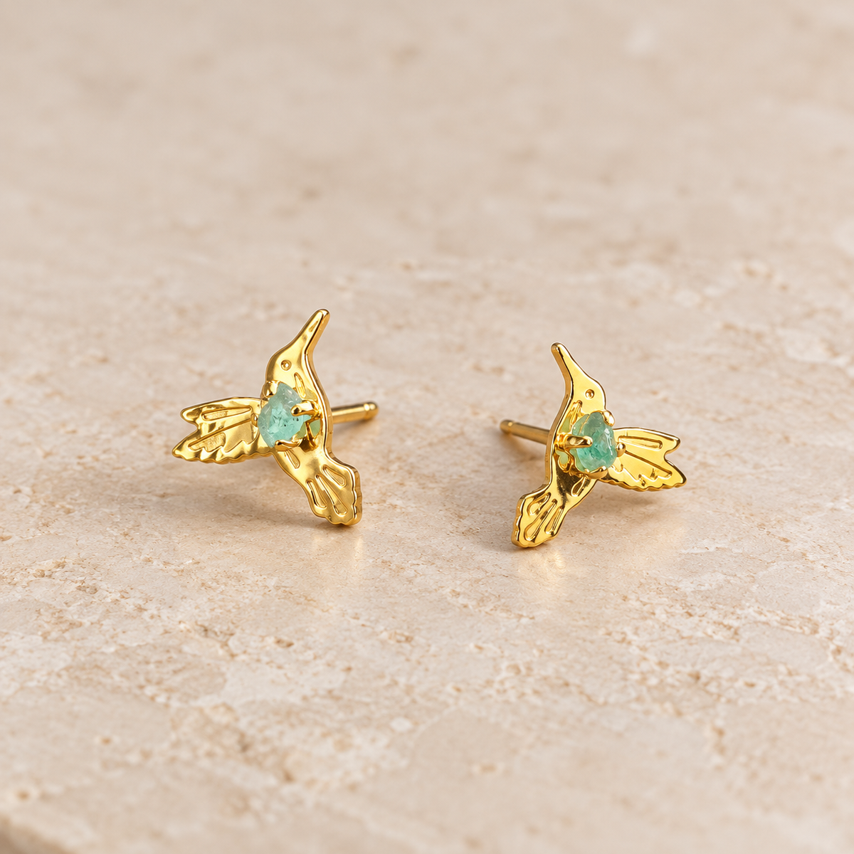 Raw Emerald Hummingbird Earrings | Gold-Plated Bronze | Bellalu