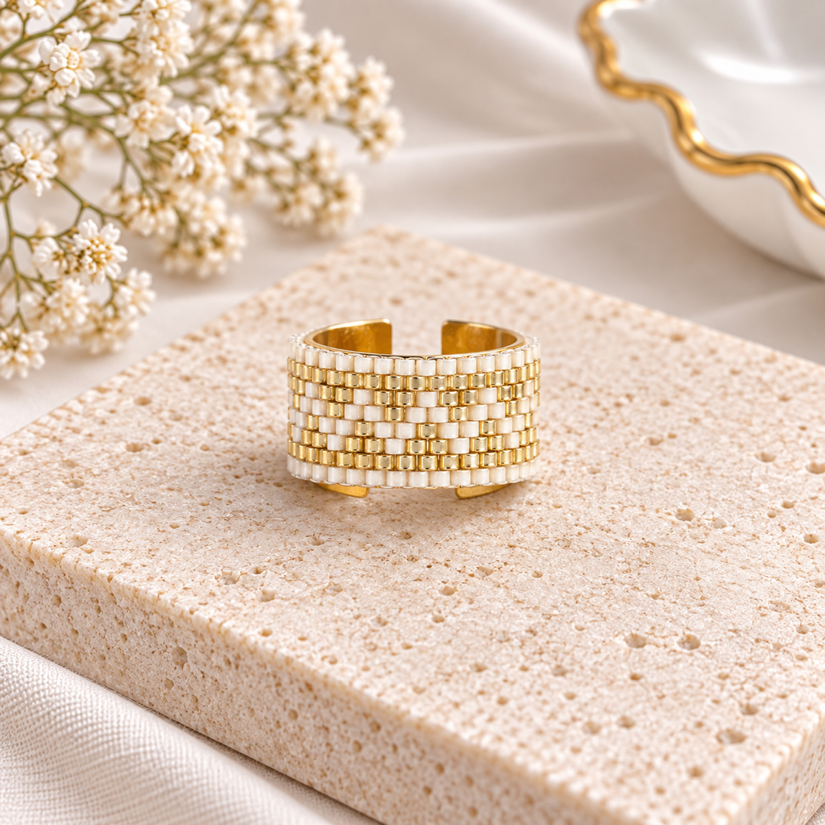 Lyana Adjustable Gold-Plated Bronze Miyuki Bead Ring|Bellalu