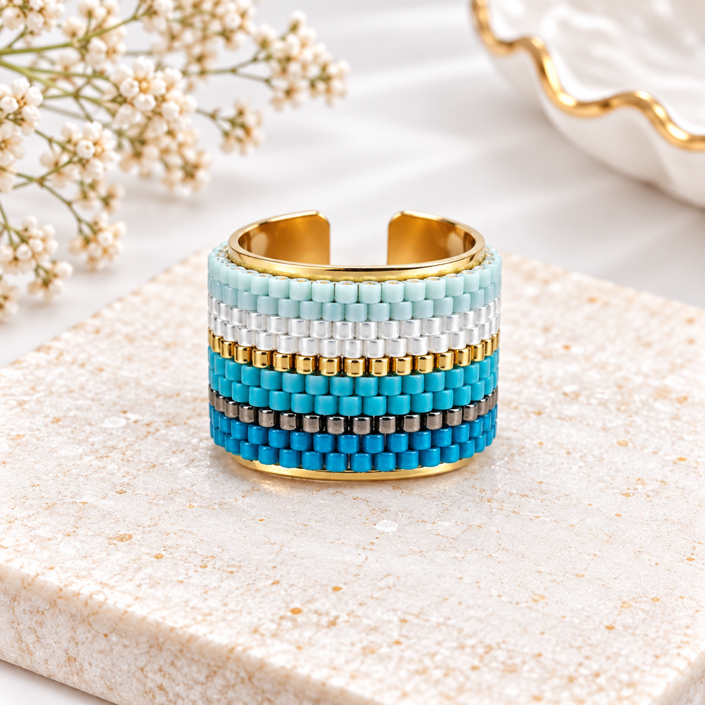 Chiamaka Adjustable Ring | Green Miyuki Beaded Statement Ring | Bellalu Jewelry