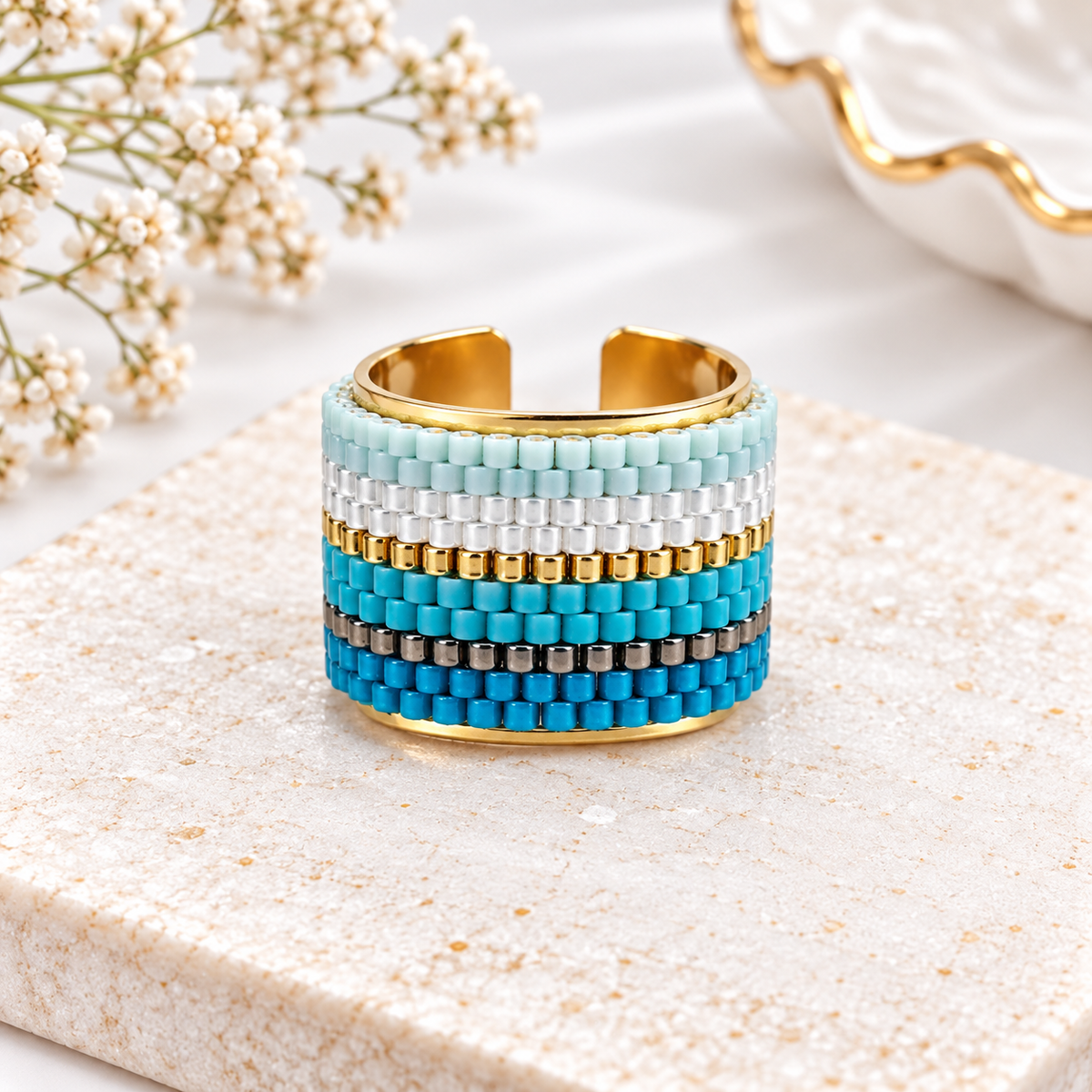 Chiamaka Adjustable Ring | Green Miyuki Beaded Statement Ring | Bellalu Jewelry