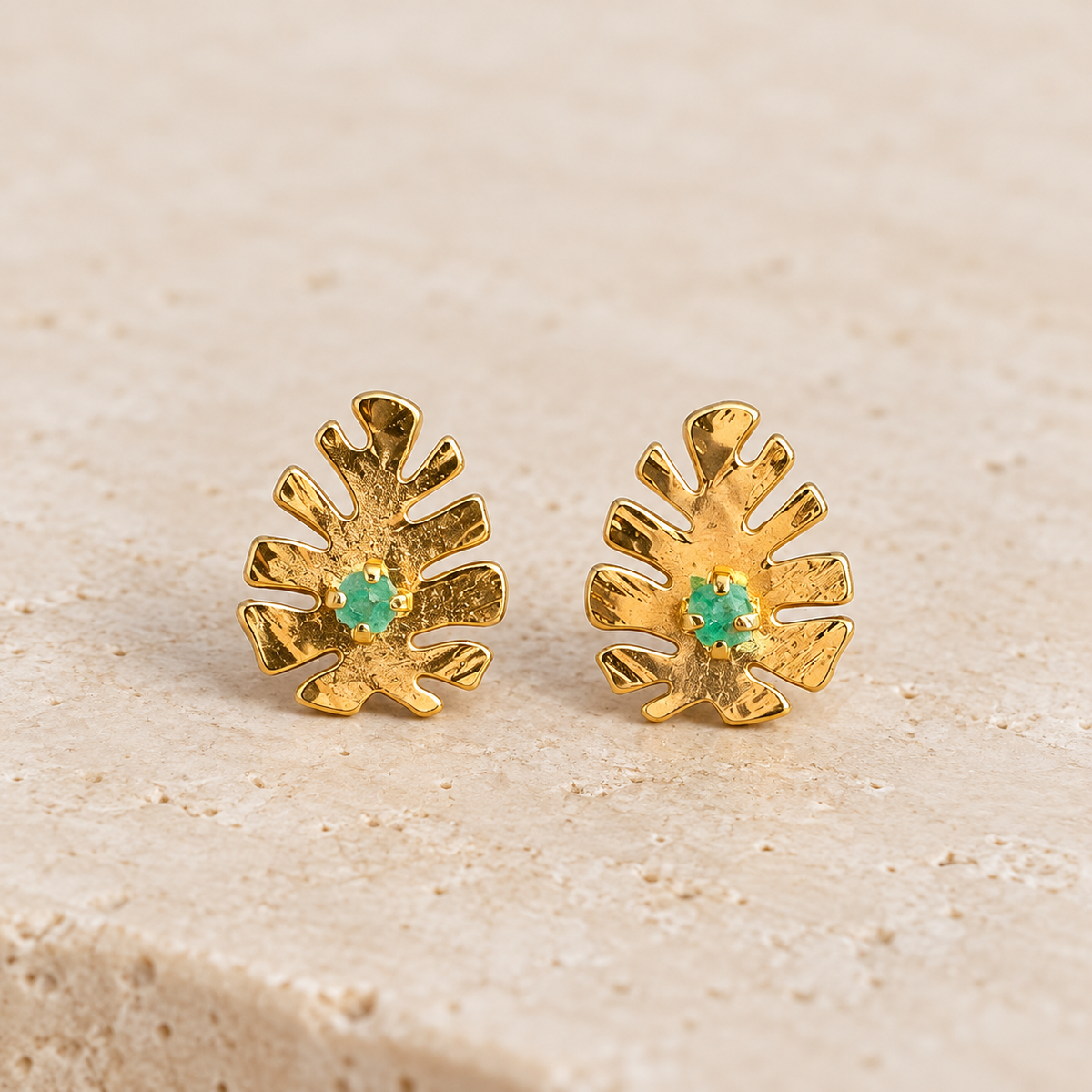 Raw Emerald Monstera Leaf Stud Earrings | Gold-Plated Bronze | Bellalu