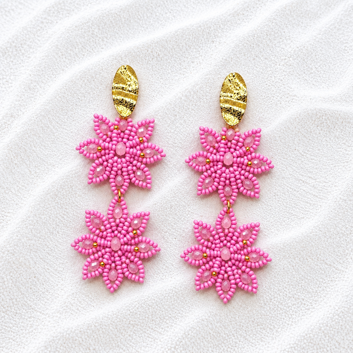 Carnaval Earrings | Handmade Pink Beaded Flower Statement Earrings | Bellalu Jewelry