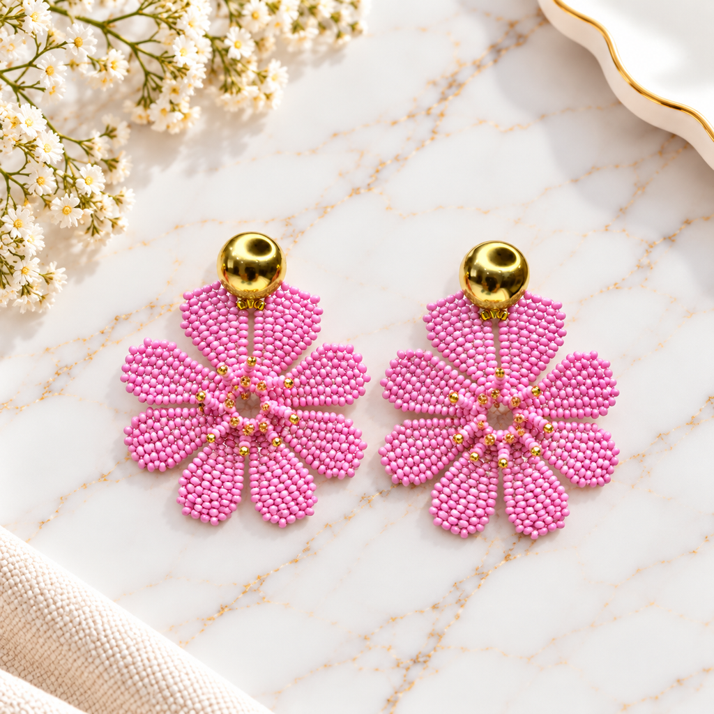 Azago Earrings | Handmade Pink Beaded Flower Earrings | Bellalu Jewelry