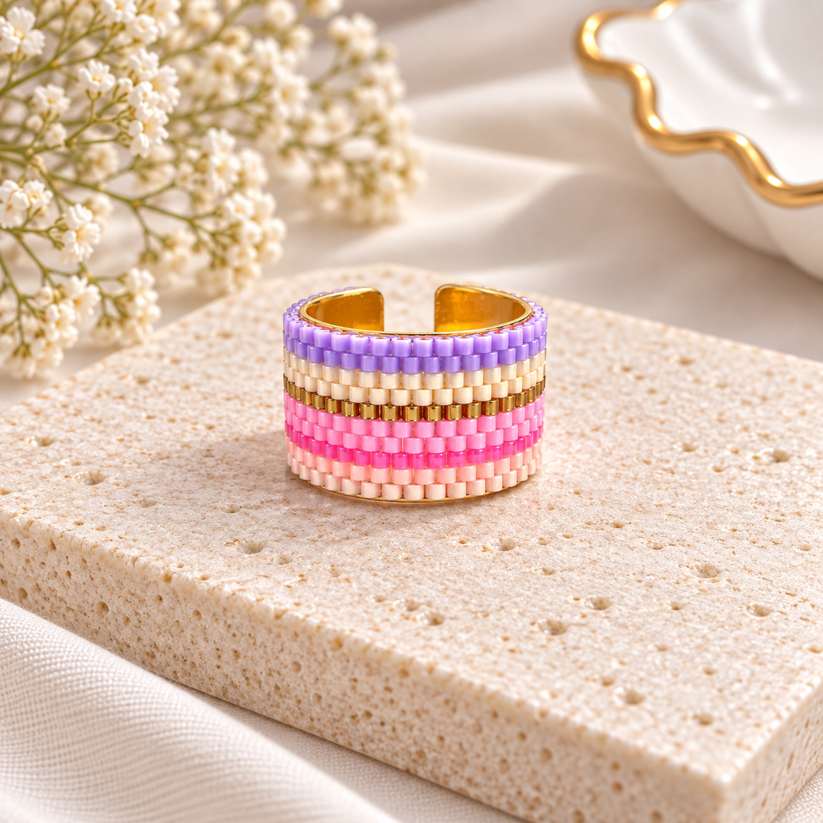 Lara Adjustable Gold-Plated Bronze Miyuki Bead Ring|Bellalu