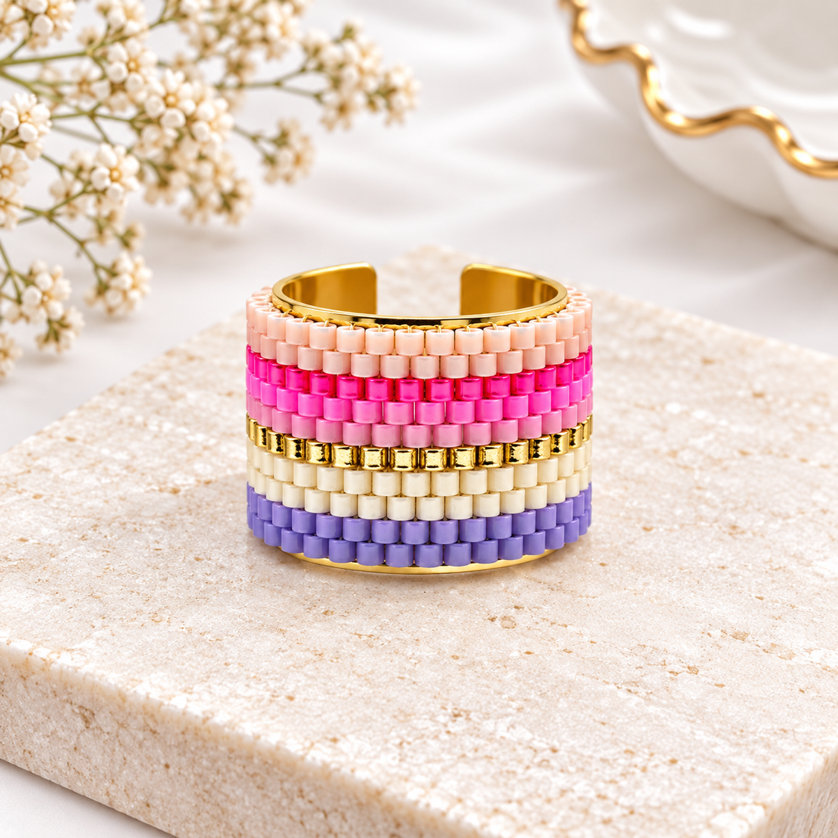 Chiamaka Adjustable Ring | Green Miyuki Beaded Statement Ring | Bellalu Jewelry