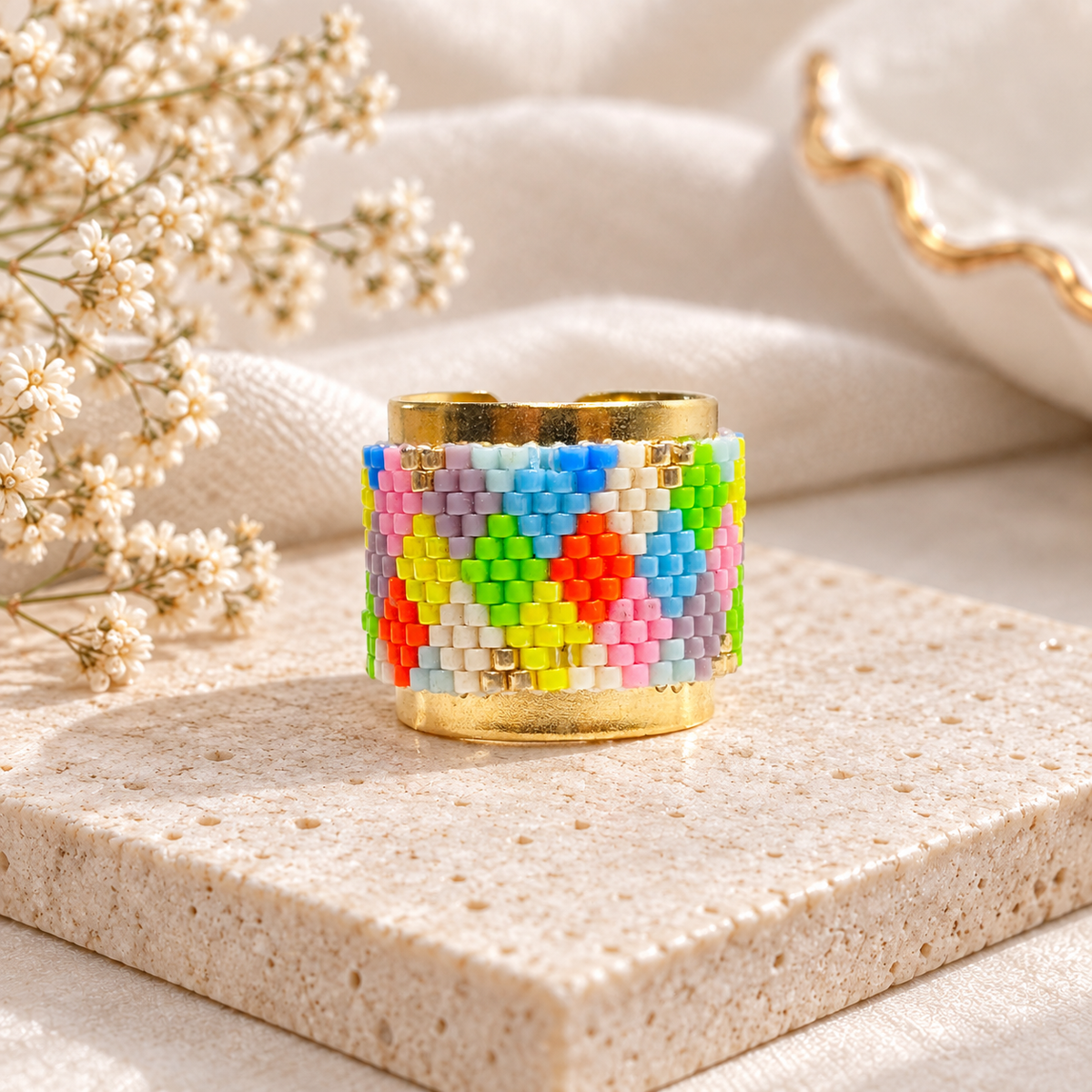 Cael Adjustable Ring | Handmade Colorful Miyuki Beaded Ring | Bellalu Jewelry
