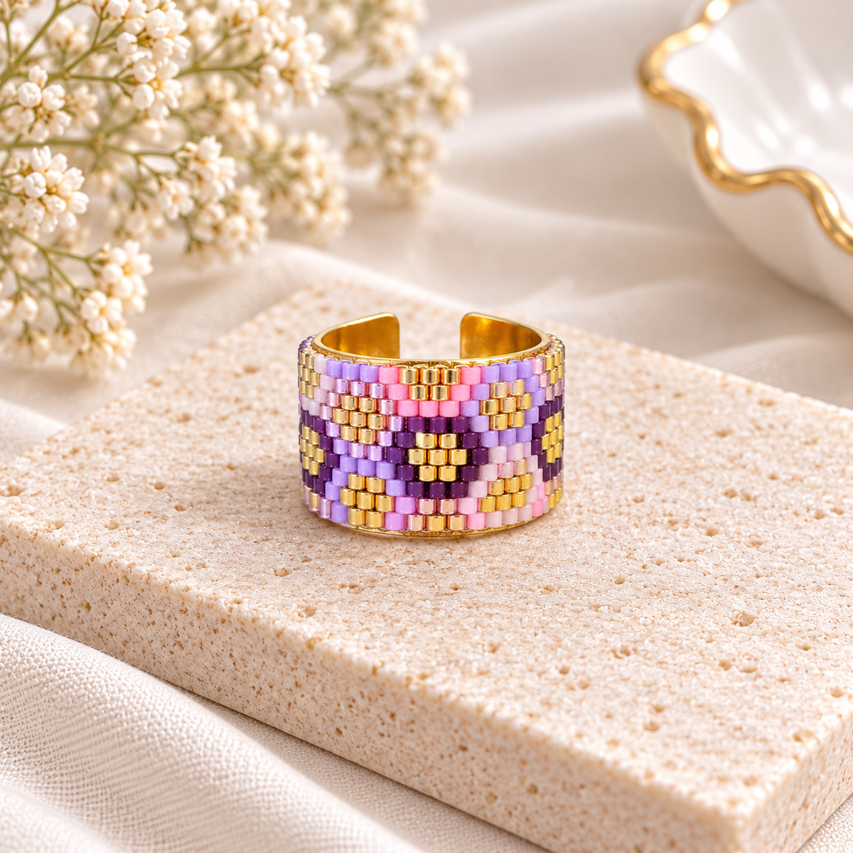 Lily Adjustable Gold-Plated Bronze Miyuki Bead Ring|Bellalu