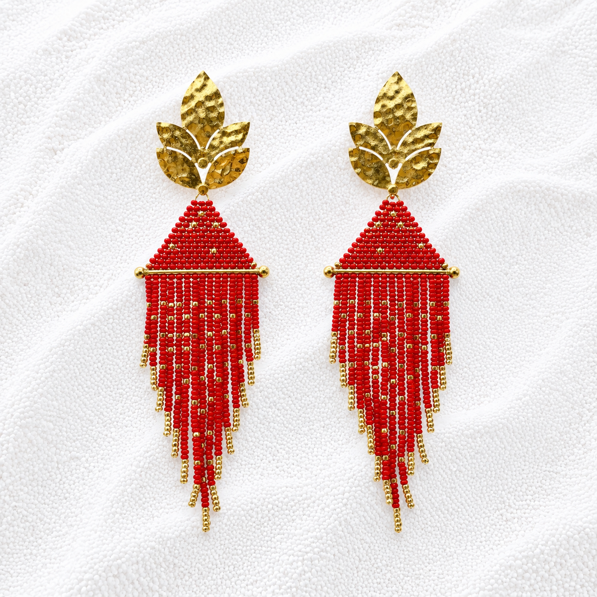 Carnaval Earrings | Red & Gold Beaded Statement Earrings | Bellalu Jewelry