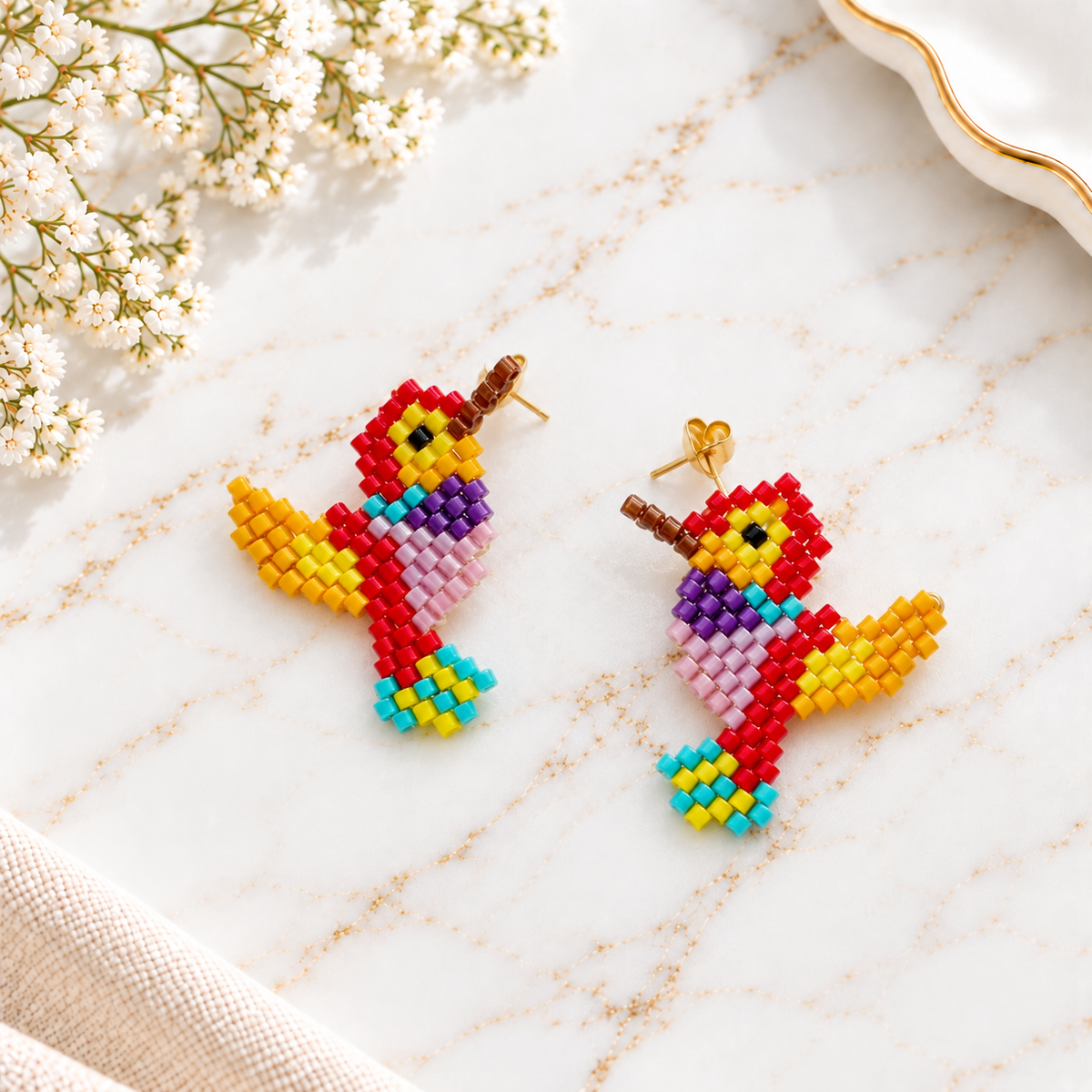 Birdshape Earrings | Handmade Colorful Mostacilla Bird Earrings | Bellalu Jewelry