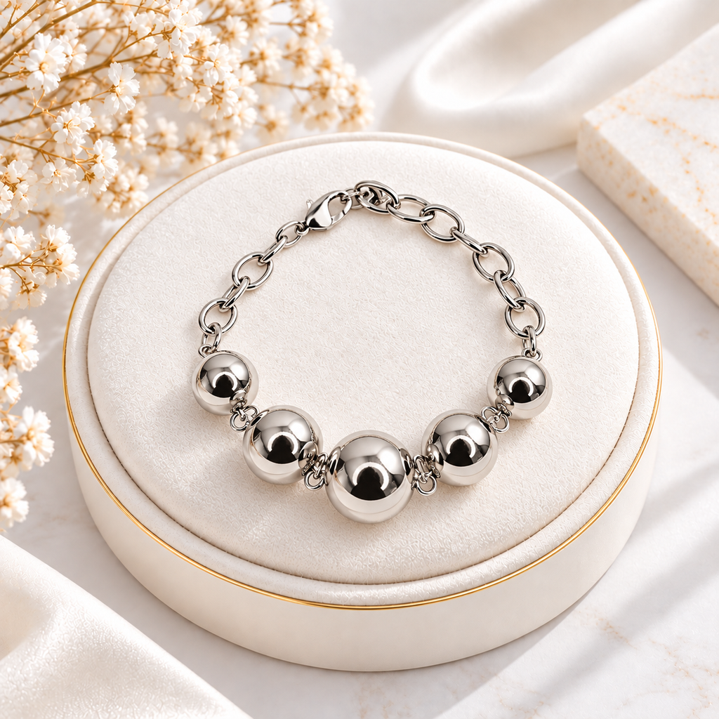 Silver Bead Bracelet | Handmade Bronze & Silver-Plated Statement Bracelet