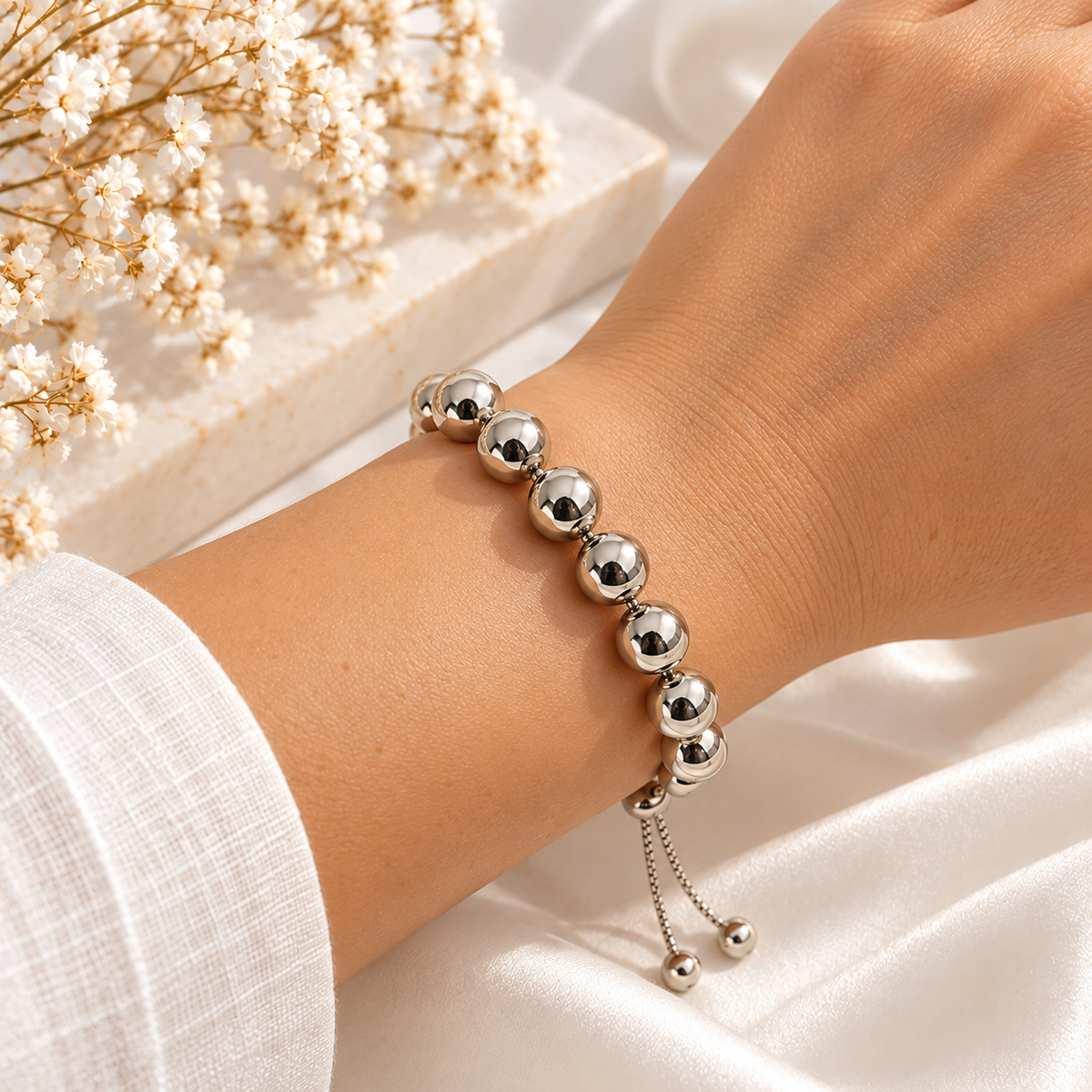 Silver Bead Bracelet | Handmade Bronze & Silver-Plated Adjustable Bracelet