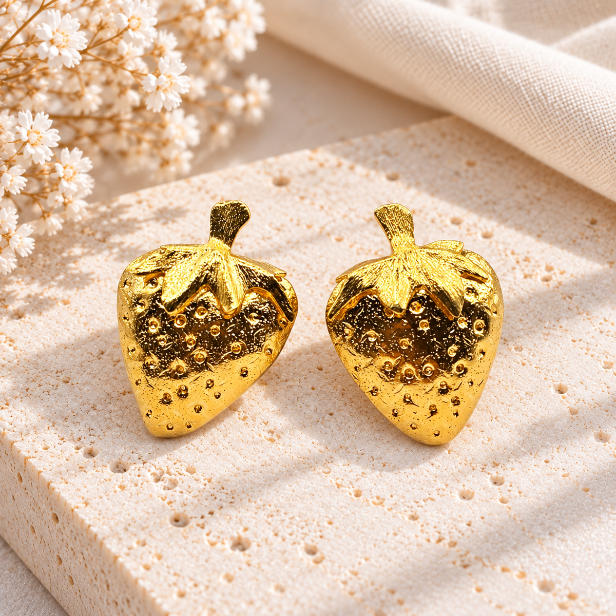Strawberry Earrings | Handmade Bronze & Gold-Plated Fruit Earrings